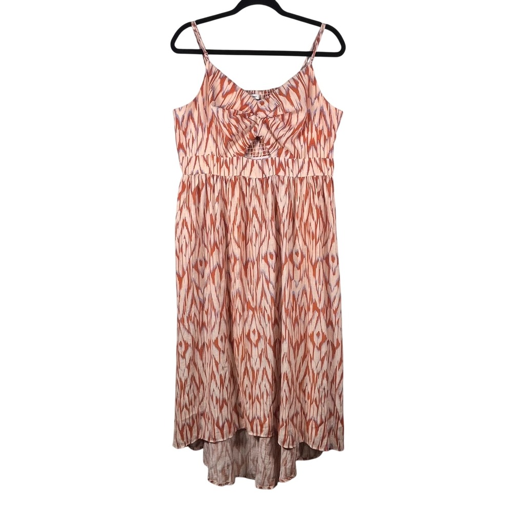 Nine West Midi Dress Womens Orange Ikat Print High-Low Cutout Smocked Size‎ XL